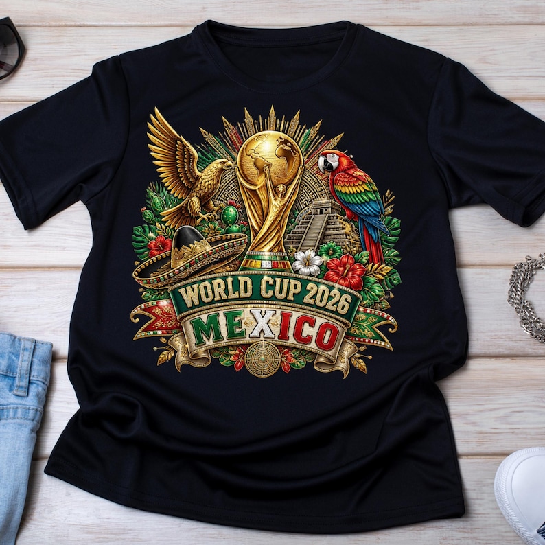 May include: A black short-sleeve t-shirt featuring a graphic print of the World Cup 2026 Mexico trophy, a golden eagle, a colorful parrot, a sombrero, a pyramid, and tropical flowers. The text reads World Cup 2026 Mexico in a decorative banner.
