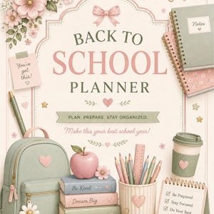 Może przedstawiać: Okładka Back to School Planner z szałwiowym plecakiem, stosem trzech książek z napisami Be Kind, Dream Big i Stay Positive, przybornikiem z kredkami, kubkiem na kawę oraz kalendarzem biurkowym z listą kontrolną.