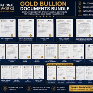 May include: A dark blue graphic with the text "GOLD BULLION DOCUMENTS BUNDLE" and a collection of documents. The documents are categorised into contract templates, seller documentation, AML/KYC compliance, and doc-bank documents.