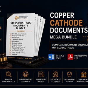 以下が含まれることがあります： 暗い背景の「Copper Cathode Documents Mega Bundle」の広告。画像には、書類の山、木槌、銅カソードブロックが含まれています。テキストには「グローバル貿易のための完全なドキュメントソリューション」が含まれています。
