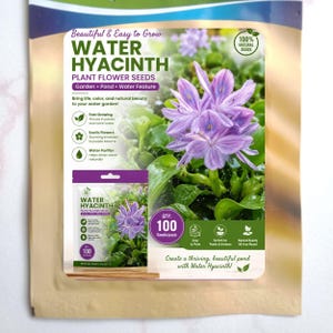 May include: A seed packet for Water Hyacinth featuring text that reads Water Hyacinth Plant Flower Seeds, 100 seeds/pack, and descriptions of the plant's growth, exotic flowers, and water purifying properties alongside an image of purple blooms.