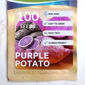 Może przedstawiać: Torebka nasion z etykietą 100 SEEDS PURPLE POTATO przedstawiająca zdjęcia całych i pokrojonych fioletowych ziemniaków. Opakowanie zawiera tekst NON-GMO, EASY TO GROW, HIGH YIELD i GARDEN FRIENDLY oraz złoto-niebieską obwódkę.