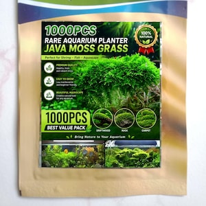 May include: A product packaging pouch for 1000 pieces of Java moss grass for aquariums. The label features text including 1000PCS, RARE AQUARIUM PLANTER JAVA MOSS GRASS, and 100% NATURAL. It displays images of green moss on driftwood, rocks, and as a carpet.
