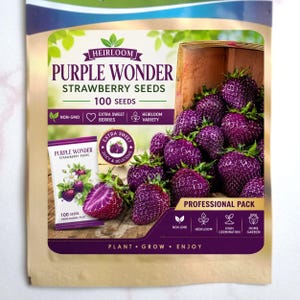 Puede incluir: Un paquete de semillas etiquetado como Purple Wonder Strawberry Seeds que contiene 100 semillas. El empaque muestra una cesta de madera llena de fresas de color púrpura intenso, texto sobre su origen no transgénico y una imagen.