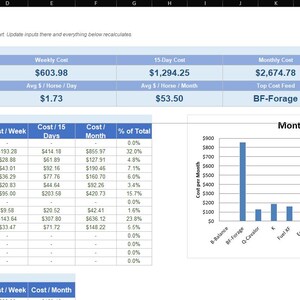 以下が含まれることがあります： 「Cost Dashboard」というタイトルのスプレッドシートで、飼料コストに関するデータが含まれています。これには、日次、週次、月次の費用が含まれます。棒グラフは、飼料の種類ごとの月次コストを示しています。「一目でわかる」指標と「飼料ごとのコスト」の詳細が含まれています。