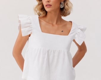 Leinenbluse mit Rüschenärmeln für Damen – Elegante Sommerbluse, minimalistische Leinenkleidung, weißes Leinentop, romantisches, feminines Top