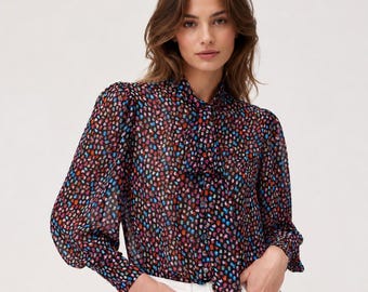 Elegant Georgette Bow Blouse for Women | Sheer Tie Neck Blouse | Colorful Pebble Print Shirt | Statement Cuff Blouse | Office & Occasion Top