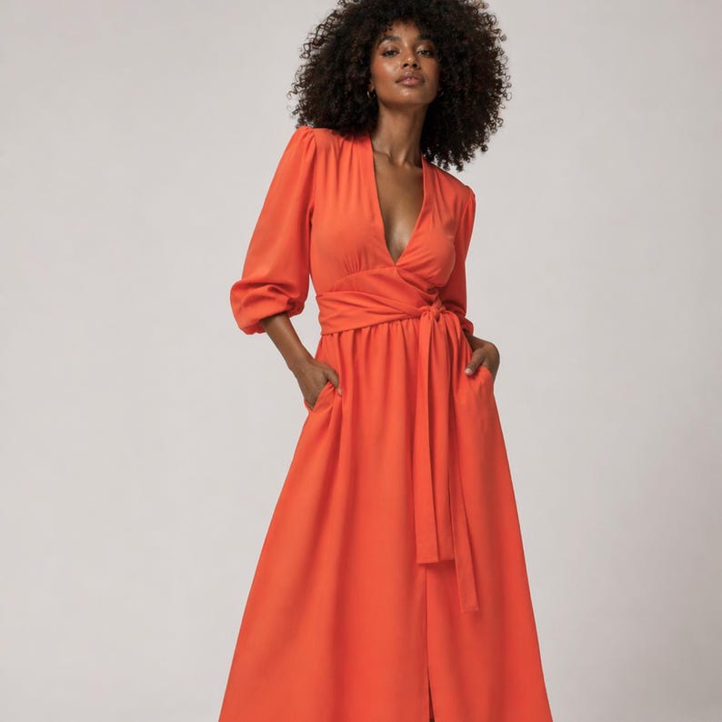 May include: A vibrant orange wrap dress with a V-neckline and three-quarter sleeves. The dress features a waist tie and pockets. The long skirt has a front slit. The dress is made of a flowing fabric.