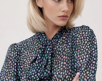 Elegant Georgette Bow Blouse for Women | Sheer Tie Neck Blouse | Colorful Pebble Print Shirt | Statement Cuff Blouse | Office & Occasion Top