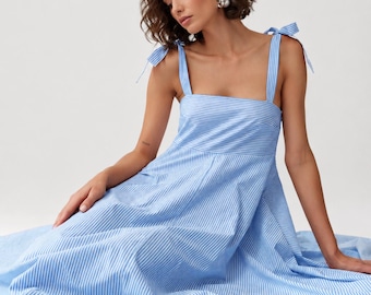 Clare Cotton Maxi Dress – Blue Stripe Sundress for Women, Romantic Summer Dress, Tie Strap Dress, Elegant Cotton Dress