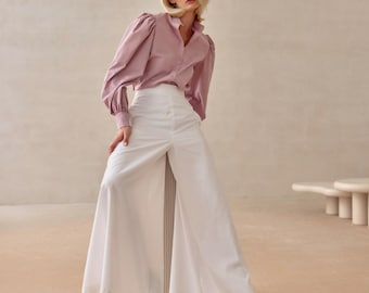 Palazzo-Hose aus Tencel/Baumwolle für Damen, weite Hose aus Mischgewebe, hochtaillierte Sommerhose, Palazzo-Hose für den Urlaub, weiße Sommerhose