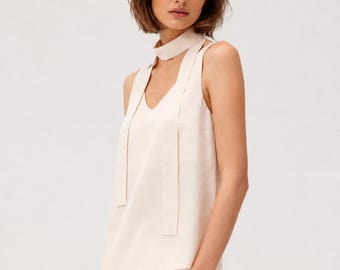 IVY Lyocell Scarf Top – Minimalist Sleeveless Tie Neck Blouse for Women, Soft Elegant Summer Tank, Quiet Luxury Fashion Top, Ecru