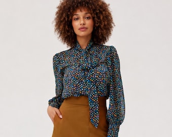 Elegant Georgette Bow Blouse for Women | Sheer Tie Neck Blouse | Colorful Pebble Print Shirt | Statement Cuff Blouse | Office & Occasion Top