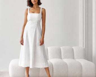 Playa Linen Blend Midi Dress – Elegant Square Neck Dress for Women, Linen Viscose Summer Dress, Minimalist Midi Dress