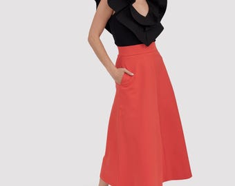 Lia Coral A-Line Skirt – Elegant Midi Skirt for Women, Twill Viscose Skirt, Minimalist High Waist Skirt, Quiet Luxury Style