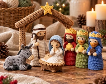 Peut inclure: Un ensemble de crèche au crochet comprenant une étable avec une étoile jaune, un âne gris, Joseph, Marie, l'enfant Jésus dans une mangeoire et trois personnages en robes rouge, verte et bleue tenant des objets ronds, avec des textures en laine.