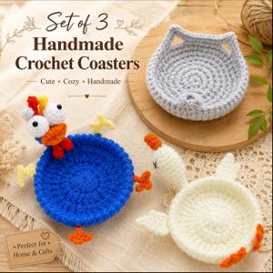 Juego de 3 posavasos de ganchillo, posavasos con diseño divertido de animales, posavasos con diseño de gato y ganso, decoración de escritorio estilo cottagecore, mantel individual para regalo de inauguración de casa.