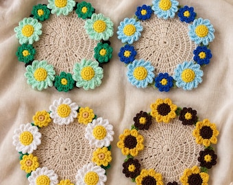 Crochet Floral Coaster , Daisy and Sunflower Mug Rug, Cottagecore Table Decor, Handmade Boho Housewarming Gift for Friend, Woven Drink Mat