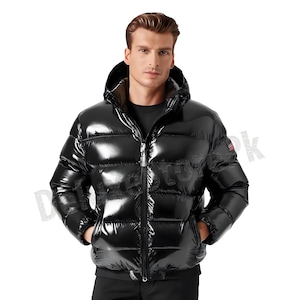 Men's Black Glossy Puffer Jacket Hooded Winter Coat Waterproof Bubble Down Jacket Luxury Streetwear Warm Zip-Up Outerwear