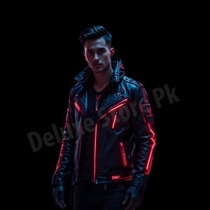 Herr 3 M reflekterande cyberpunkjacka i läder, bikerjacka, futuristisk neonrave streetwear-kappa