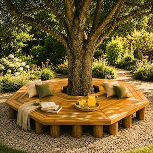 May include: A hexagonal wooden tree bench encircling a tree trunk, featuring a slatted surface supported by cylindrical legs. The bench is adorned with four square throw pillows, a fringed throw blanket, two open books, and a tray with a pitcher of juice.
