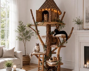 DIY houten krabpaaltoren, zitstokken met meerdere niveaus, sisal-krabpalen, modern huisdiermeubilair