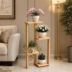 May include: A three-tiered wooden plant stand with four potted plants. The plants include an orchid, daisies, a spider plant, and a cactus. The stand is made of light-colored wood and is placed in a living room setting.