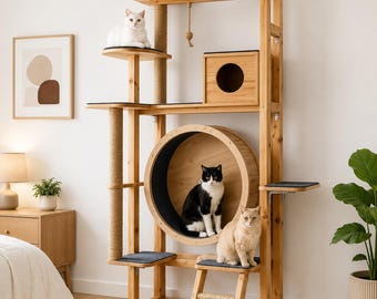 Progetti fai da te per albero per gatti / Condominio moderno in legno per gatti, ruota per esercizi, palestra multilivello (download digitale)