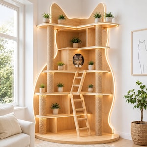 May include: A wooden cat tree in the shape of a cat, featuring multiple levels, shelves, and a cat house. It has a small wooden ladder, rope-wrapped posts, and small potted plants. A cat is visible inside the cat house. The tree is illuminated with soft lighting.