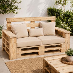 May include: A two-seater sofa constructed from light-colored wooden shipping pallets, featuring a slatted backrest and armrests. The seat includes two thick beige cushions, two large square beige throw pillows, and one small rectangular beige pillow.