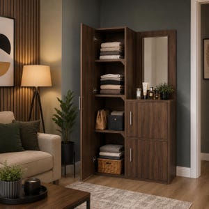 May include: A dark wood storage cabinet featuring an open shelving section with folded textiles, a woven basket, and a handbag. The unit includes two lower cabinets with silver handles, a vertical mirror, and an open shelf for small items.