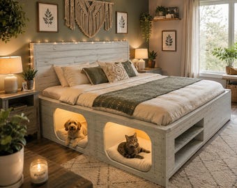 Progetti per letto a piattaforma in pallet con cucce per animali domestici / Guida alla lavorazione del legno per letto matrimoniale (download digitale)