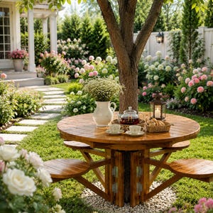 May include: A round wooden picnic table with attached benches sits under a tree in a garden. The table is set with a teapot, cups, and a basket of food. A white pitcher and a lantern with a lit candle are also on the table. The garden features lush greenery and blooming flowers.