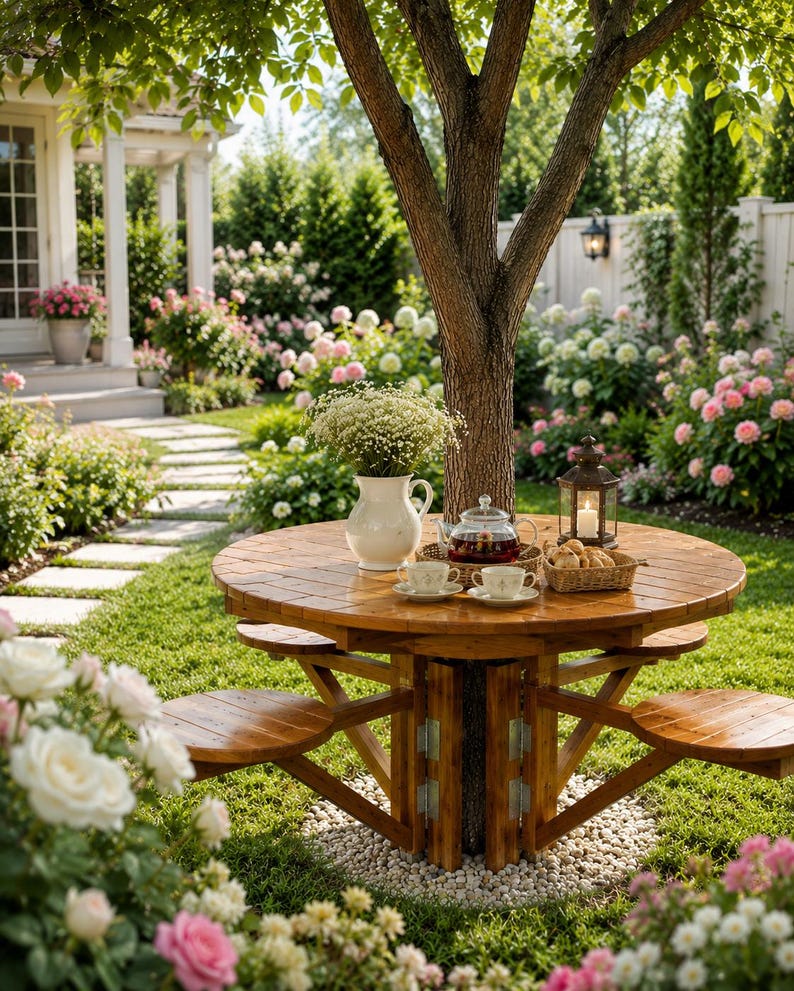 May include: A round wooden picnic table with attached benches sits under a tree in a garden. The table is set with a teapot, cups, and a basket of food. A white pitcher and a lantern with a lit candle are also on the table. The garden features lush greenery and blooming flowers.