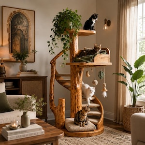 Puede incluir: Un &aacute;rbol para gatos de varios niveles construido en madera natural con un tronco central, escalones en espiral y una plataforma superior. Incluye una base acolchada, una caja de madera para dormir con manta verde y juguetes colgantes.