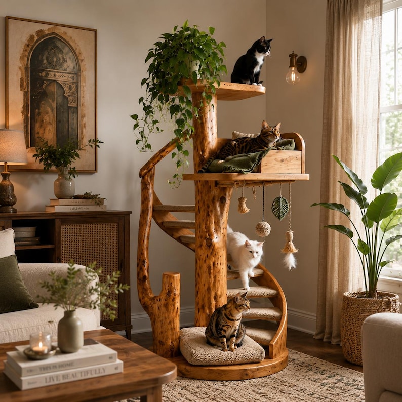 Puede incluir: Un &aacute;rbol para gatos de varios niveles construido en madera natural con un tronco central, escalones en espiral y una plataforma superior. Incluye una base acolchada, una caja de madera para dormir con manta verde y juguetes colgantes.