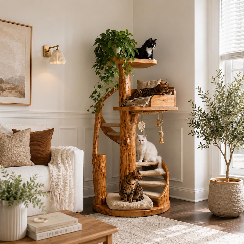 Puede incluir: Un &aacute;rbol para gatos de varios niveles construido con troncos de madera natural con plataformas y escalones alfombrados. La estructura cuenta con una percha superior, una cama intermedia y un coj&iacute;n base. Tres gatos se ubican en diferentes niveles.
