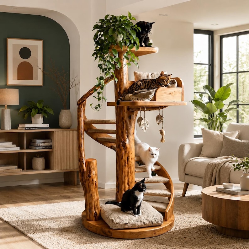 Puede incluir: Un &aacute;rbol para gatos de varios niveles construido con madera natural con un dise&ntilde;o de escalera de caracol. Cuenta con escalones alfombrados, una base acolchada, una plataforma superior con una planta verde y un estante medio con cojines.