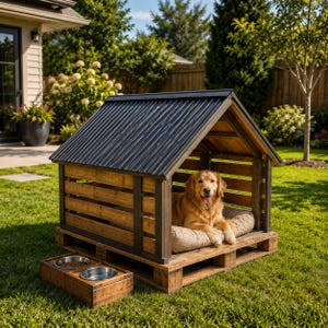 Può includere: Una cuccia per cani in legno con tetto in metallo ondulato su base pallet. Un golden retriever riposa all'interno su un cuscino beige. Un alimentatore in legno con due ciotole in acciaio inossidabile è di fronte alla cuccia.