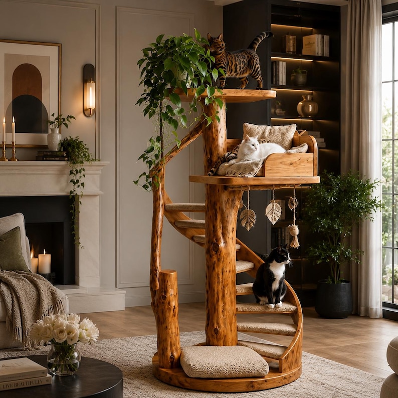 Puede incluir: Un &aacute;rbol para gatos de varios niveles construido con madera natural con un dise&ntilde;o de escalera de caracol. Cuenta con una plataforma superior con una planta verde, una cama central con un gato blanco y un escal&oacute;n inferior con un gato blanco y negro.
