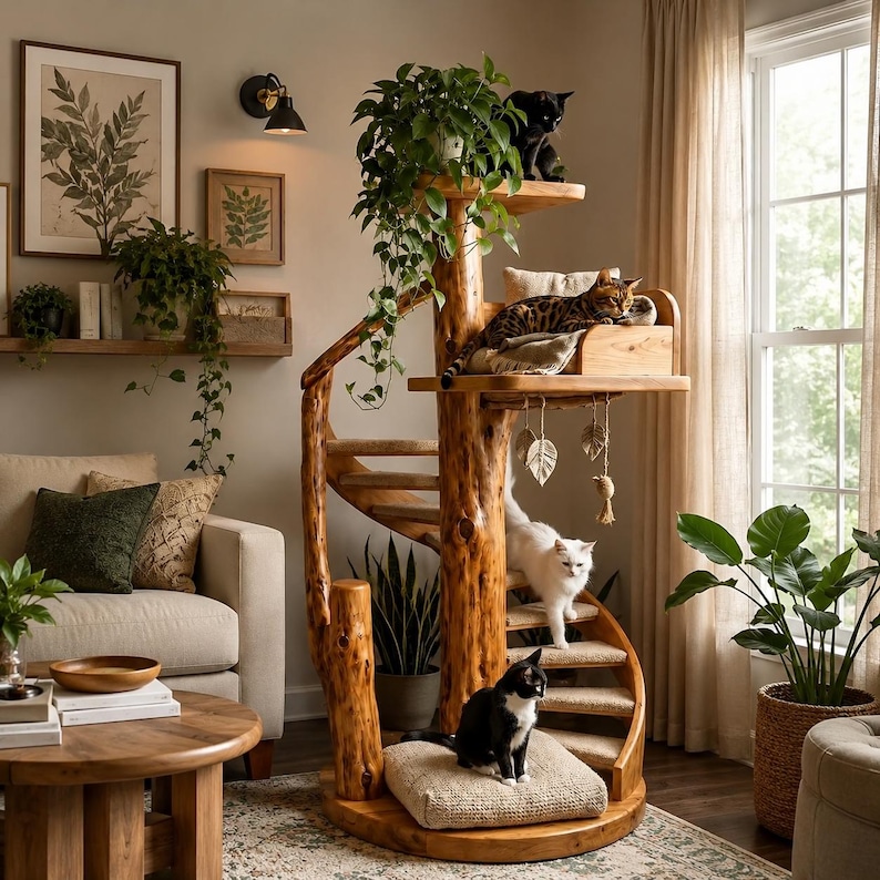 Puede incluir: Un &aacute;rbol para gatos de varios niveles construido con madera natural con un dise&ntilde;o de escalera de caracol. Cuenta con escalones alfombrados, una plataforma acolchada, una percha superior y juguetes colgantes con forma de hoja.