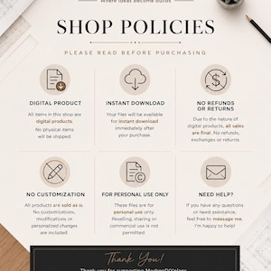 Puede incluir: Una hoja de informaci&oacute;n de pol&iacute;ticas de tienda para ModrenDIYplans con seis iconos y secciones de texto que detallan los t&eacute;rminos de productos digitales, descarga instant&aacute;nea, sin reembolsos, sin personalizaci&oacute;n y contacto.
