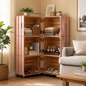 May include: A modular storage unit made of six light pink wooden crates arranged in two vertical columns. The unit features open shelving, metal hinges connecting the sections, and small wheels at the base for mobility, holding various items.