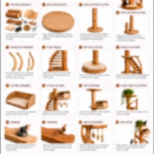 Puede incluir: Una gu&iacute;a de construcci&oacute;n paso a paso para una torre de &aacute;rbol para gatos natural de lujo de ModernDIYplans. El documento presenta instrucciones numeradas con ilustraciones que muestran componentes de madera, pasos de montaje y la estructura final.