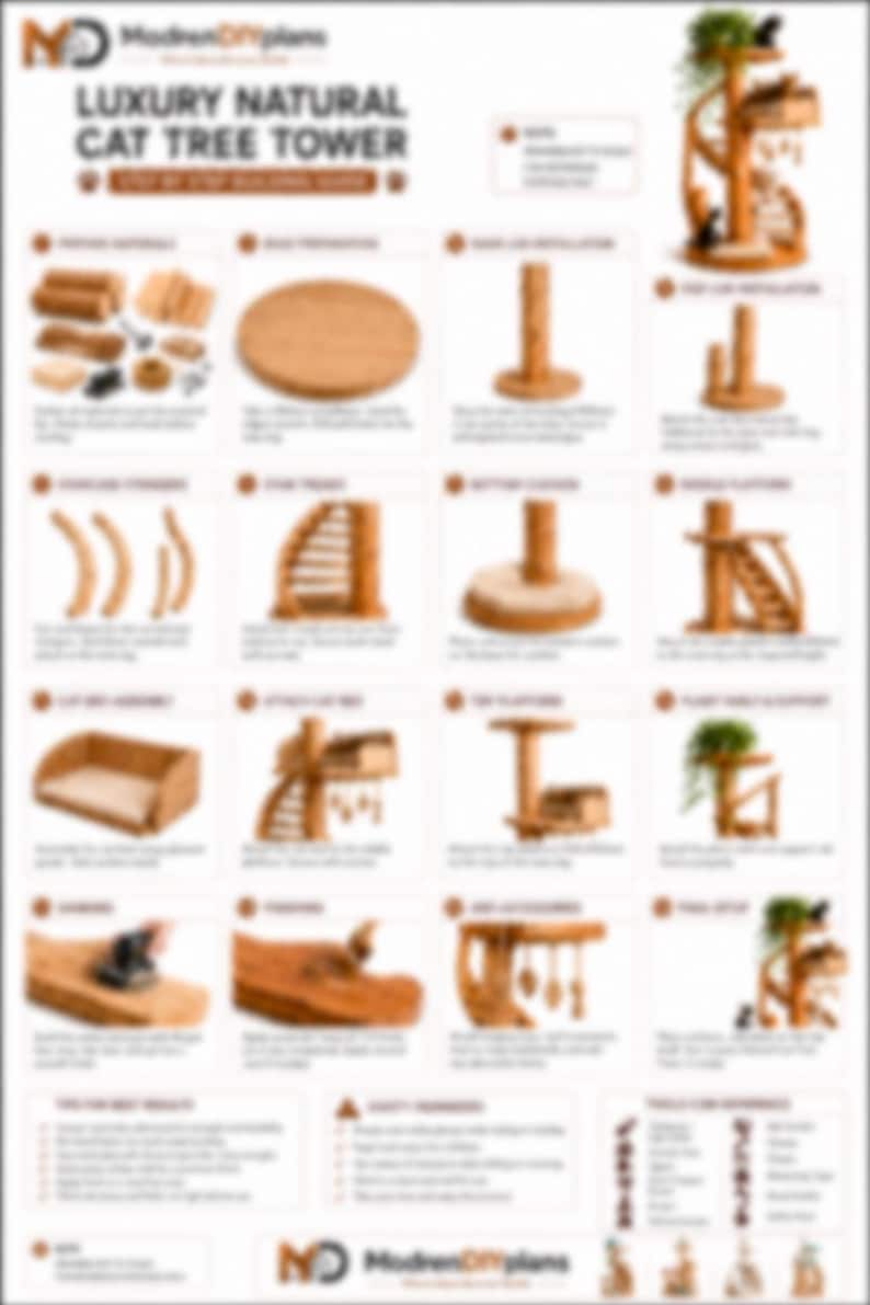 Puede incluir: Una gu&iacute;a de construcci&oacute;n paso a paso para una torre de &aacute;rbol para gatos natural de lujo de ModernDIYplans. El documento presenta instrucciones numeradas con ilustraciones que muestran componentes de madera, pasos de montaje y la estructura final.