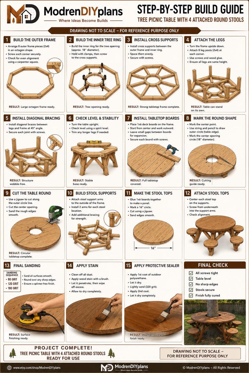 DIY Tree Bench Plans | Hexagon Garden Picnic Table Woodworking Blueprint (Digital Download) image 7