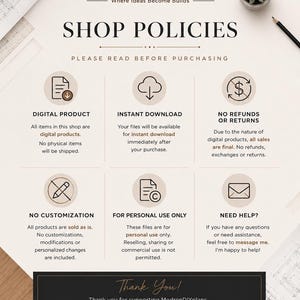 May include: A promotional graphic for ModrenDIYplans, featuring shop policies. The image includes text about digital products, instant downloads, no refunds, no customization, and personal use only. The graphic has a neutral color palette with a logo and a thank you message.