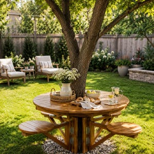 May include: A round wooden picnic table with attached benches surrounds a tree trunk. The table is set with food and drinks, including a white pitcher of flowers. The scene is set in a grassy backyard with seating and a wooden fence.