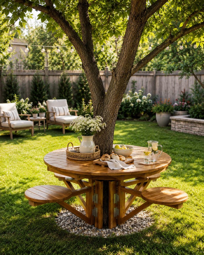 May include: A round wooden picnic table with attached benches surrounds a tree trunk. The table is set with food and drinks, including a white pitcher of flowers. The scene is set in a grassy backyard with seating and a wooden fence.