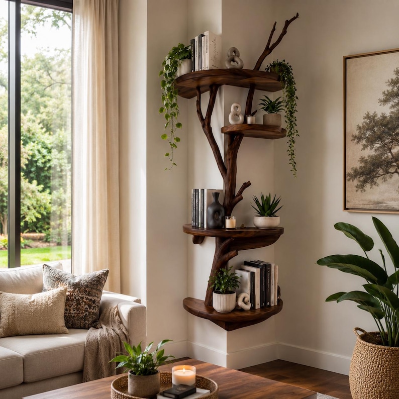 Policy Tree Guide.pdf Tree Branch Corner Shelf Plans | Rustic Wood Bookshelf Blueprint (PDF ...
